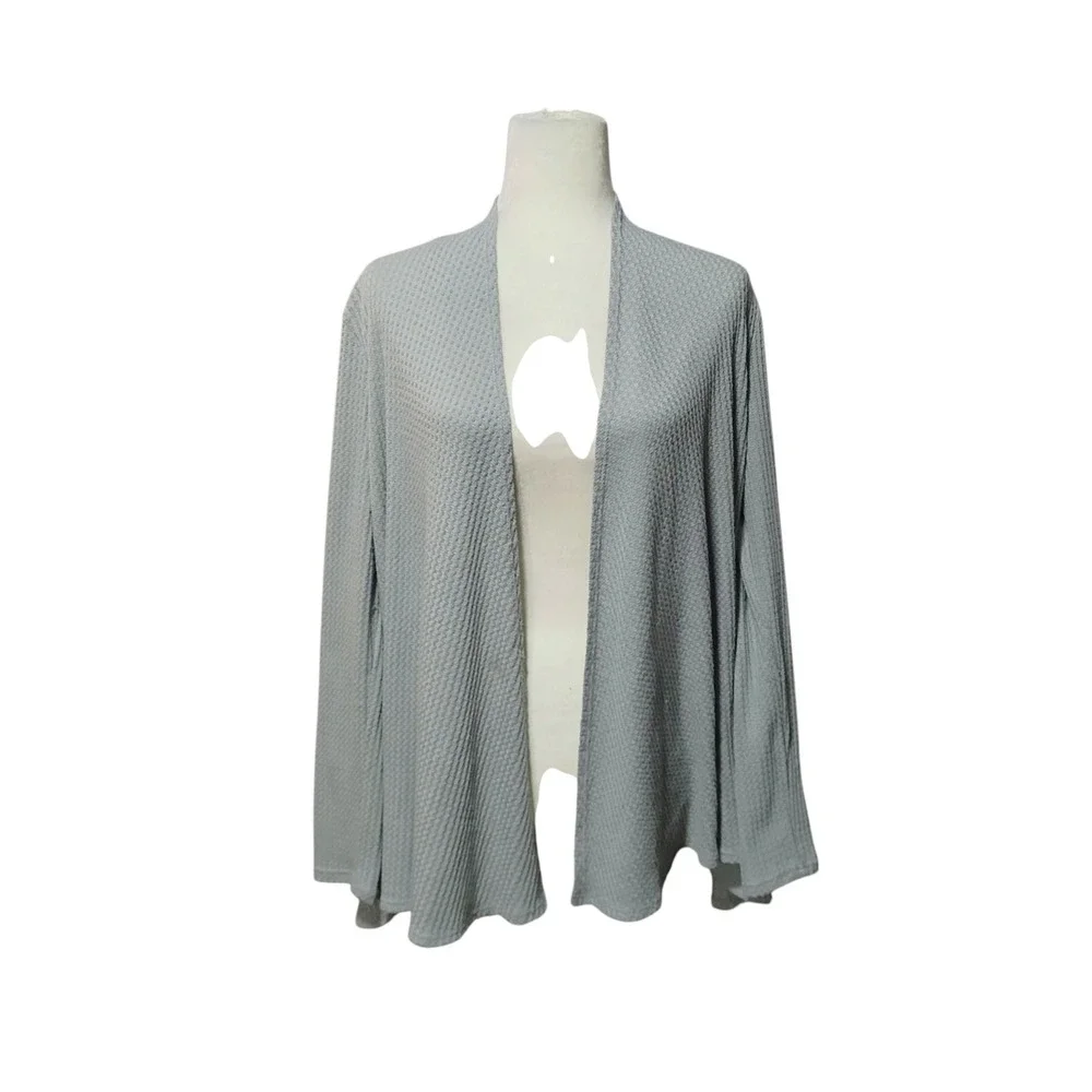 Sinuous Gray Waffle Knit Cardigan Open Front Cozy Layer Made‎ in USA Size Medium